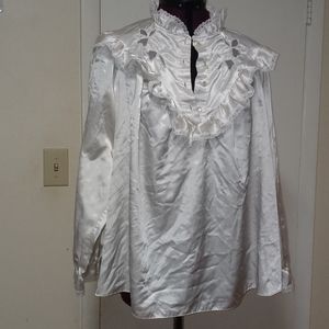 Peasant Prairie Style White Satin Ruffled Mock Neck Embroidered Blouse Sz 1X